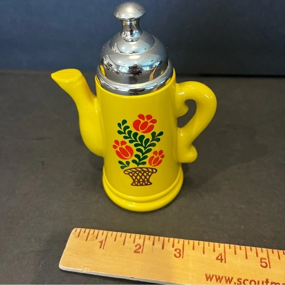 Vintage Mini Coffee Pot 5 1/2” Tall Avon Yellow Silver Top Orange Floral